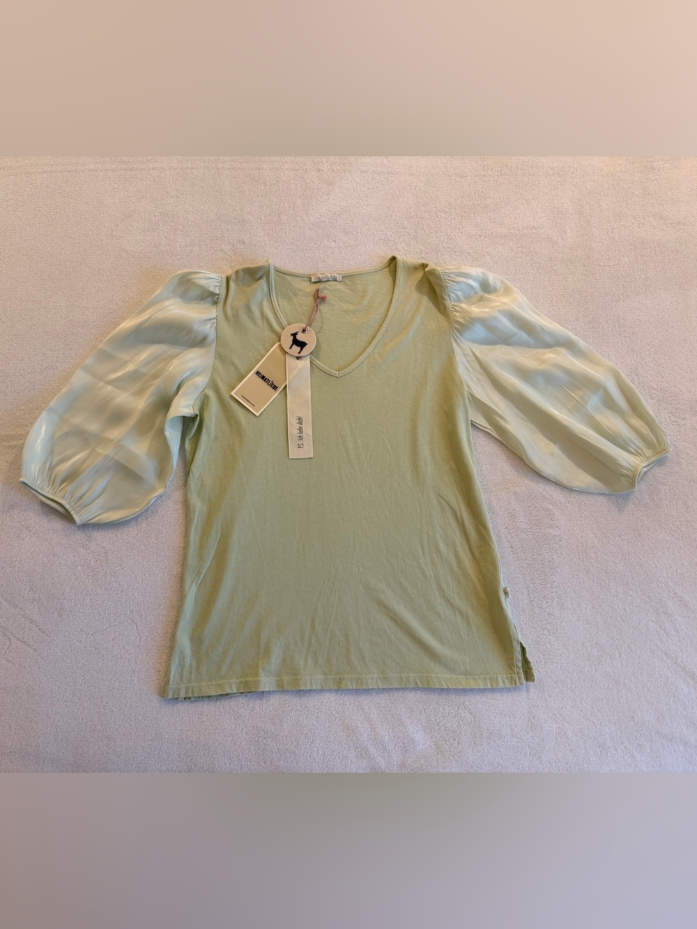 HEiMATLiEBE Light Sage Green Top with Sheer Puff Sleeves